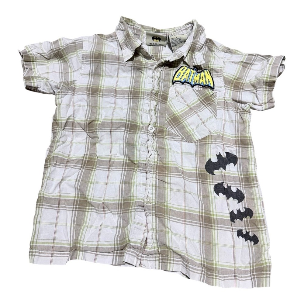 DC Comics Batman Shirt Kids Size 6 Plaid Button Down‎ Short Sleeve Beige Green
